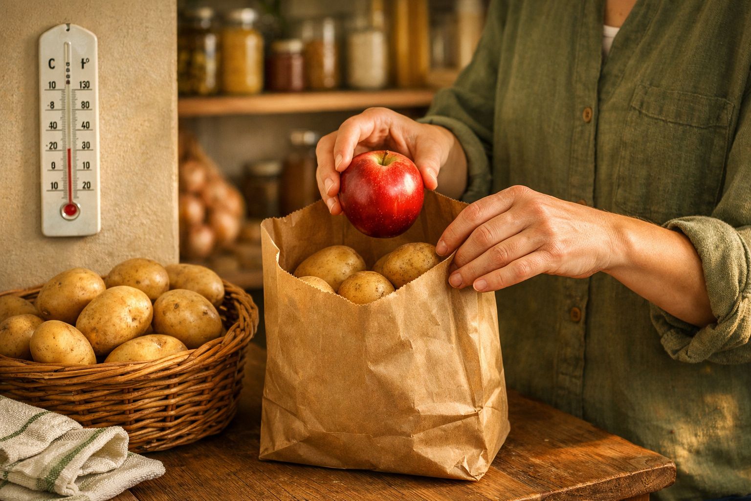 Mão segura maçã vermelha em caixa de batatas, com humidade a 21,2% num mostrador digital ao lado.