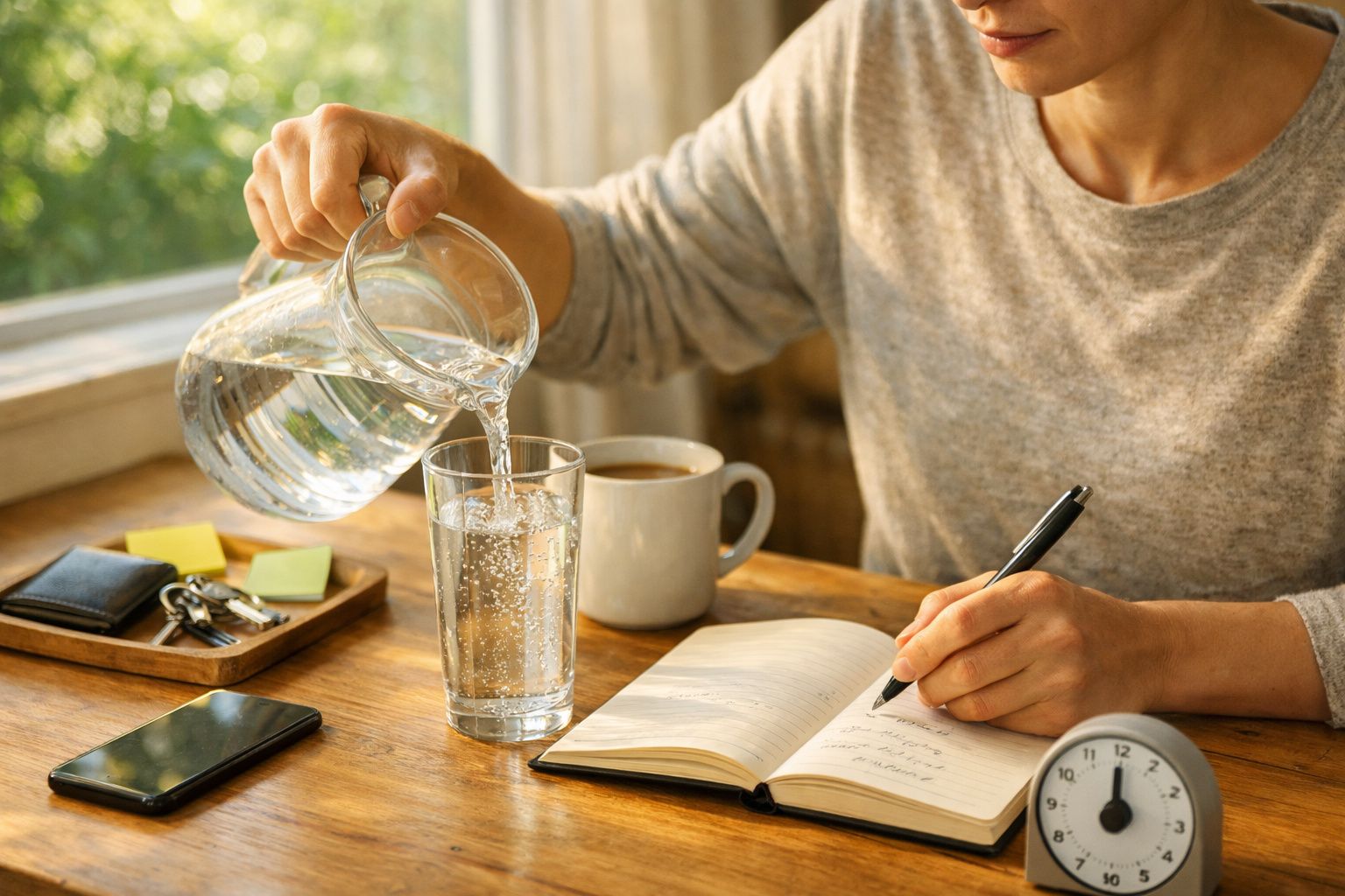 Mão a escrever numa lista de tarefas com copo de água a ser enchido, café, telemóvel e chaves sobre a mesa.