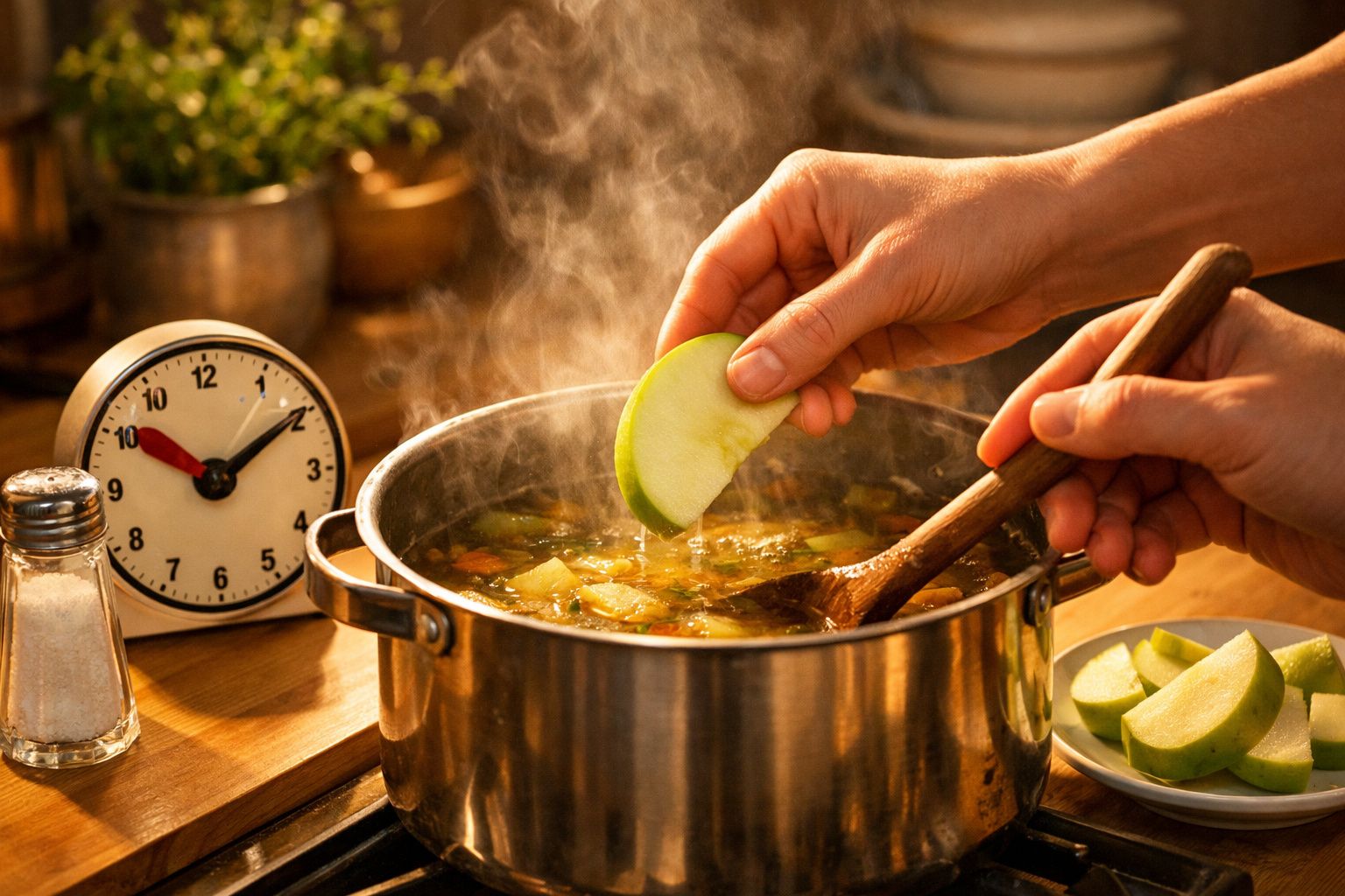 Mãos adicionam fatia de maçã a uma panela de sopa fumegante na cozinha, ao lado de um relógio e saleiro.