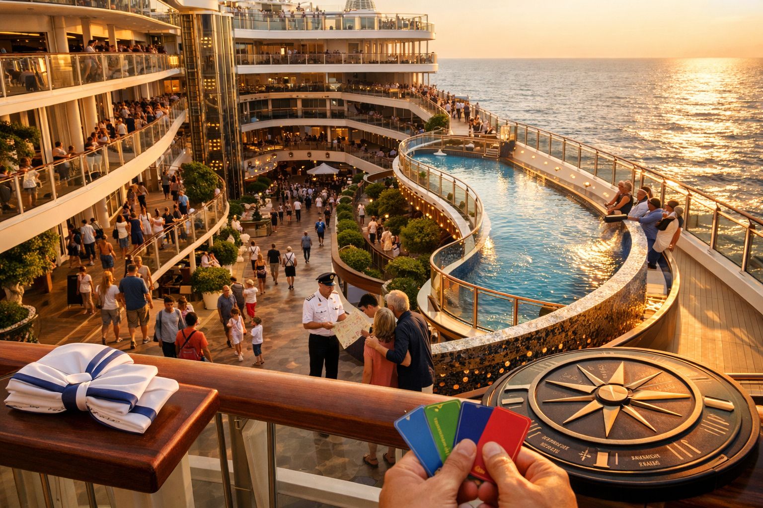 Cruzeiro com multidão de pessoas a passear, piscina e vista para o mar ao pôr do sol. Executivo conversa com passageira.