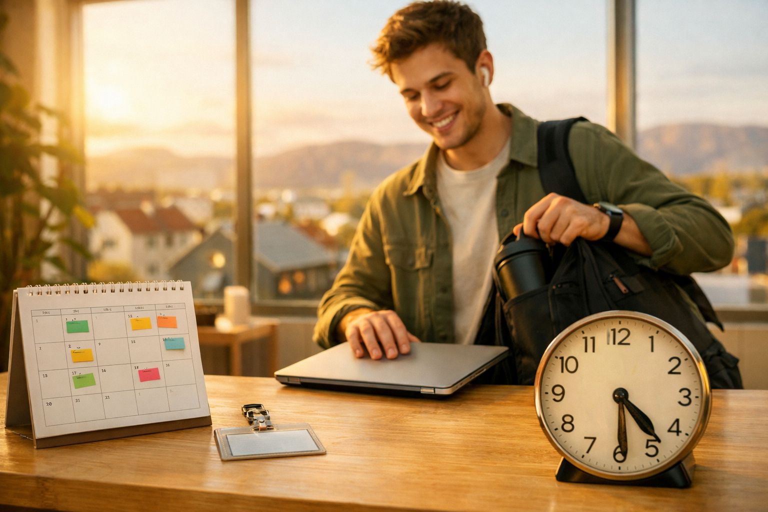 Homem sorridente guarda portátil na mochila, com calendário e relógio sobre a mesa ao pôr do sol.