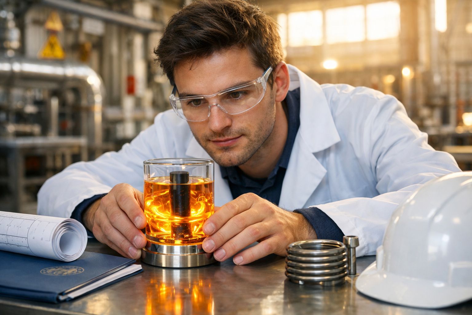 Cientista de laboratório com óculos de proteção observa líquido âmbar iluminado em cilindro sobre mesa de metal.