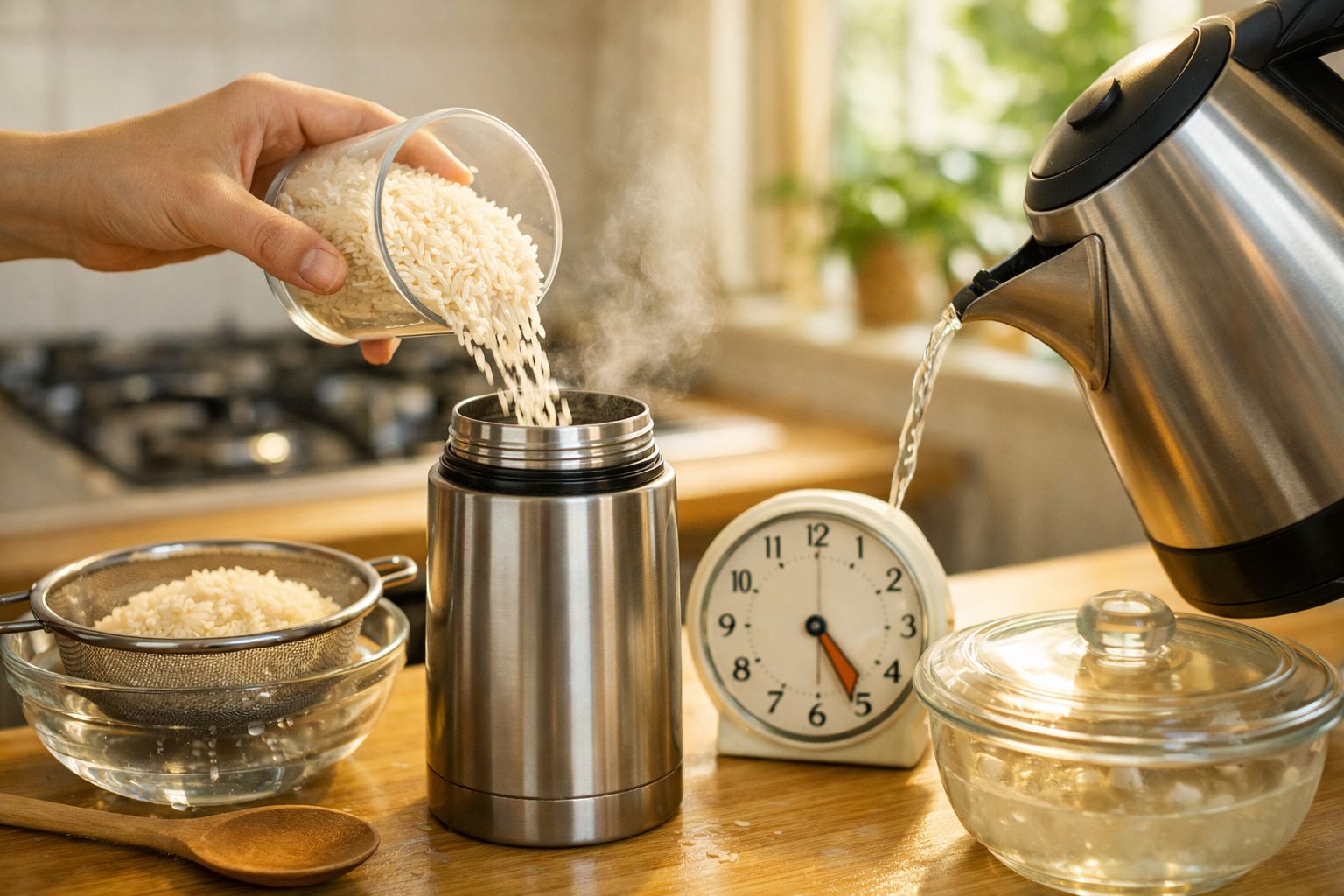 Mão adiciona arroz a uma garrafa térmica sobre bancada de madeira com chaleira, copo de água e sol ao fundo.