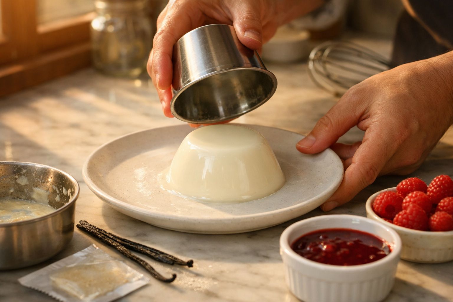 Pessoa a desenformar pudim com calda vermelha e frutos vermelhos num prato branco, numa cozinha.