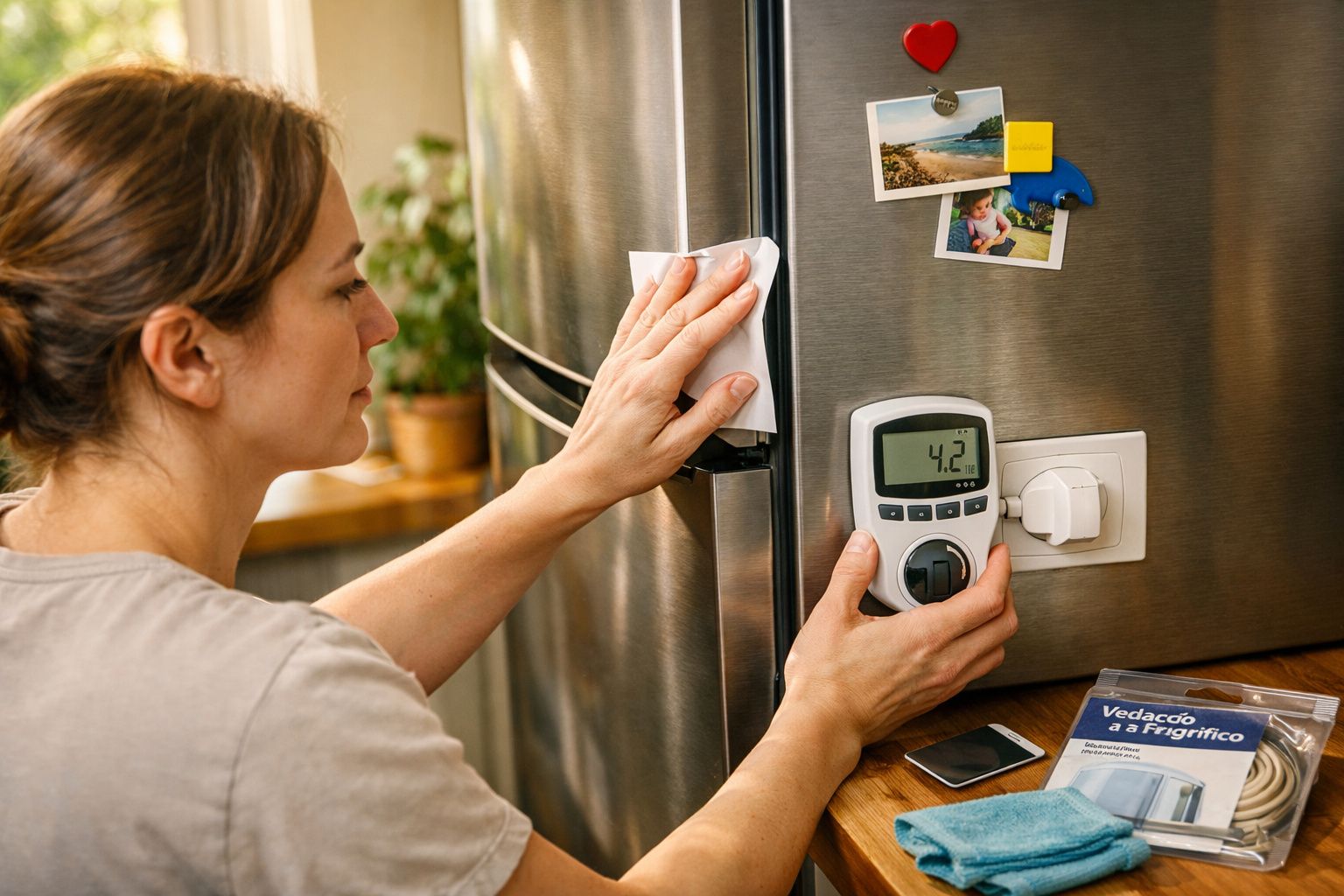 Pessoa segura folha e medidor de energia junto a frigorífico, com termómetro de cozinha ao fundo.