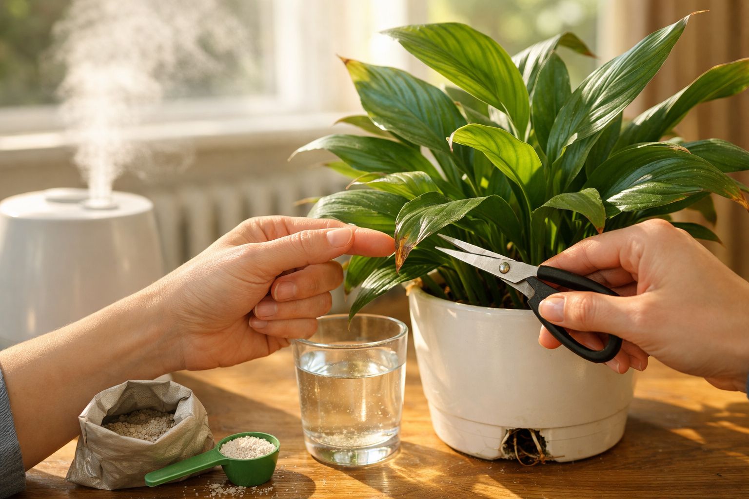 Mãos cortam folha de planta com tesoura. Fundo inclui regador e termómetro digital.