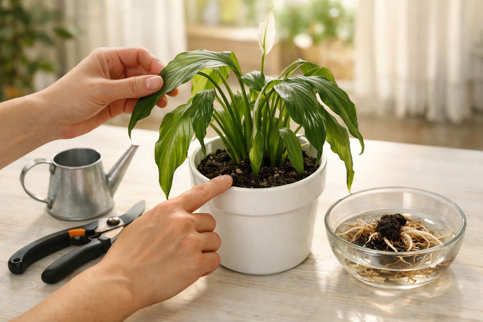 Mãos seguram planta com raízes expostas, pronta para ser colocada num vaso ao lado de regador e terra.