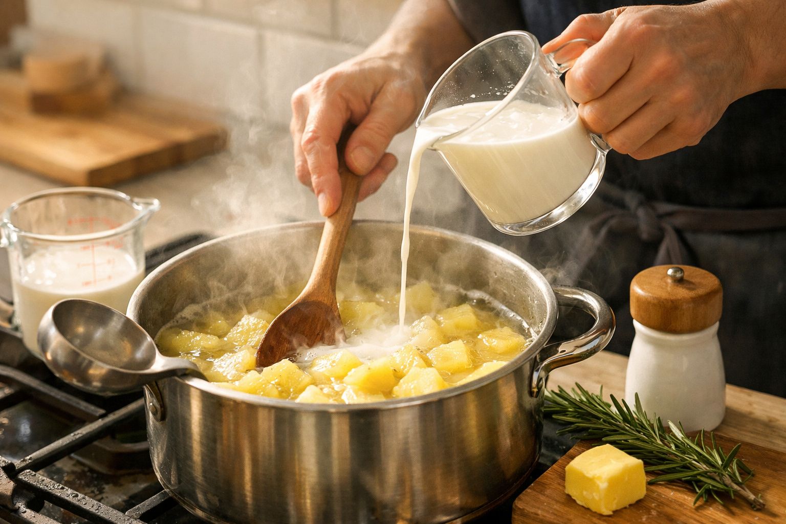 Pessoa a adicionar leite a uma panela com batatas em cozedura, sobre uma tábua de madeira, com alecrim e sal ao lado.