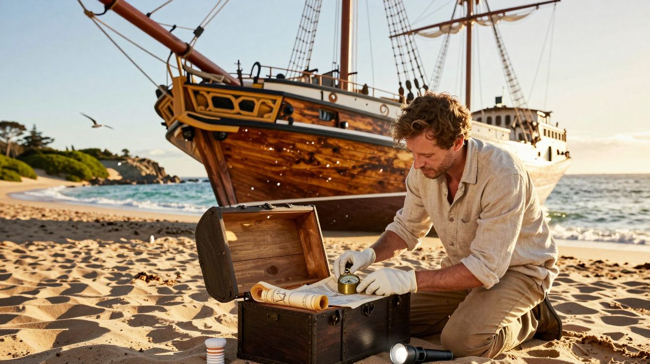 Homem examina bússola ao lado de um baú aberto na praia, com um barco à vela ancorado próximo ao mar.
