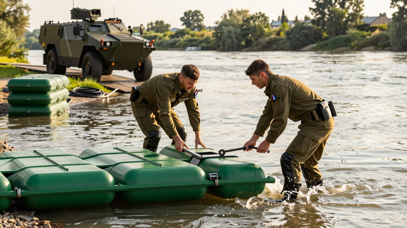 Dois homens em uniforme militar montam pontão em rio, com veículo blindado ao fundo.