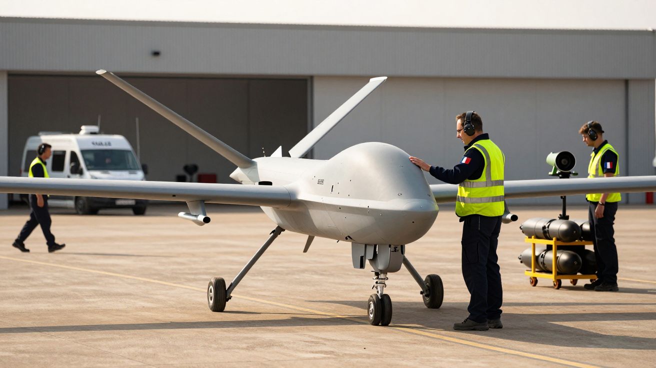 Homens com coletes refletores inspecionam um drone grande em pista de aeroporto; carrinha ao fundo.