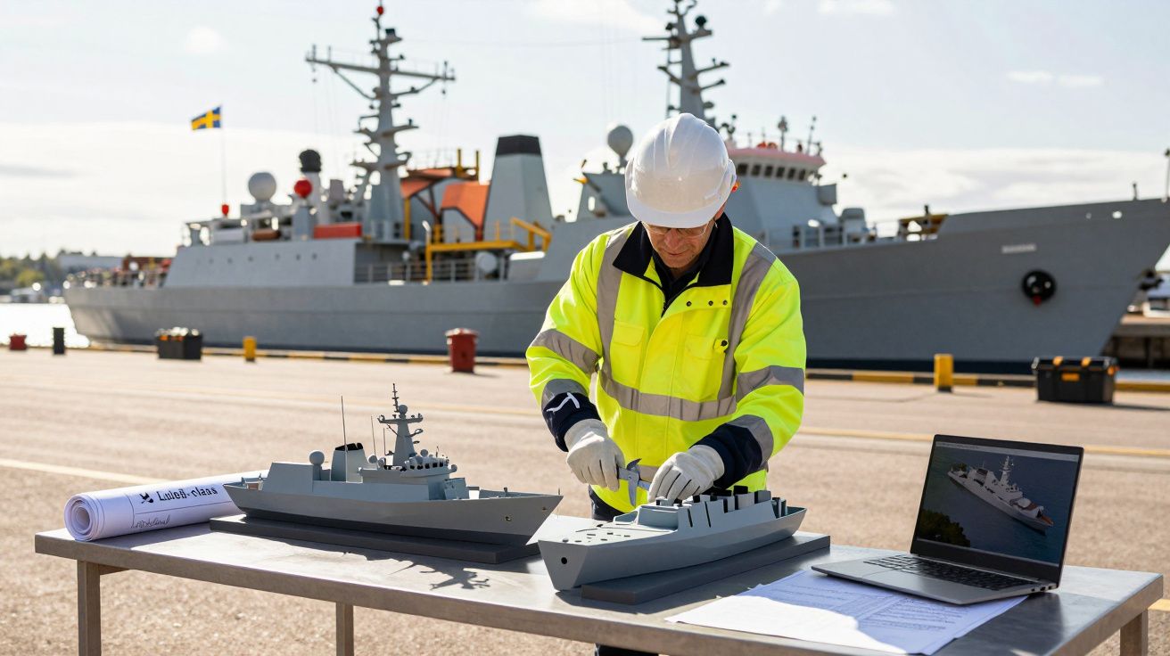 Homem de capacete observa maquetes de navios num porto com laptop e navio real ao fundo.