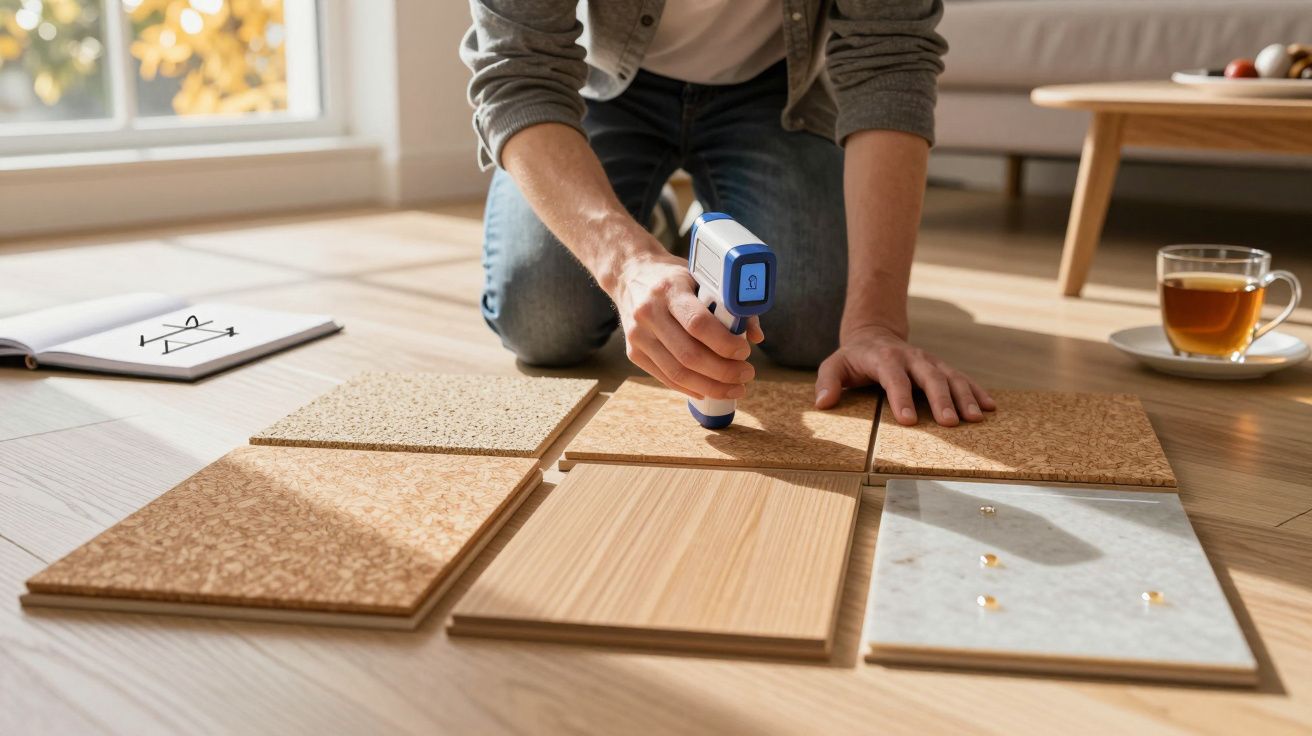 Pessoa colando painéis de madeira no chão com pistola de cola, chá e livro ao fundo.
