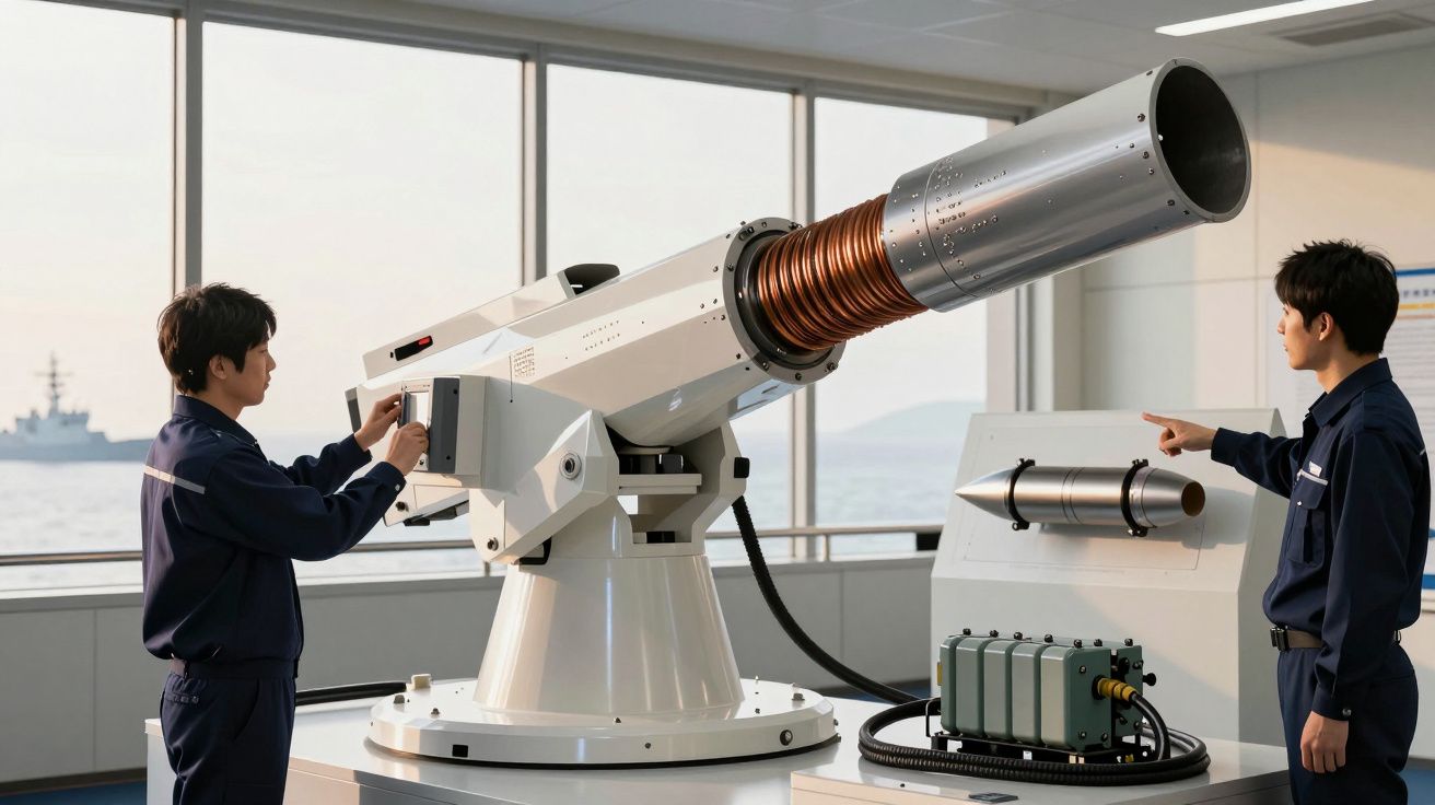 Dois técnicos num laboratório observam e ajustam um grande canhão eletromagnético; um navio está visível ao fundo.