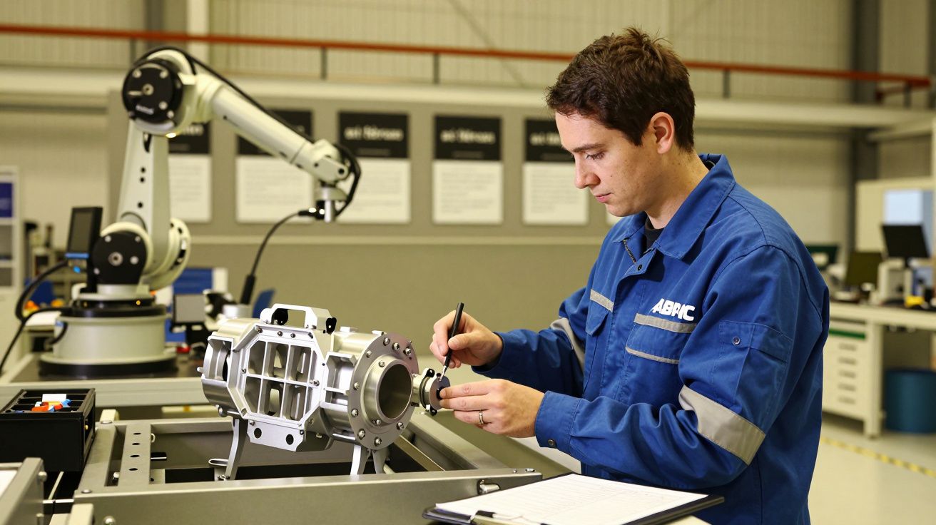 Técnico a inspecionar peça mecânica numa fábrica, ao lado de um braço robótico, com prancheta à frente.