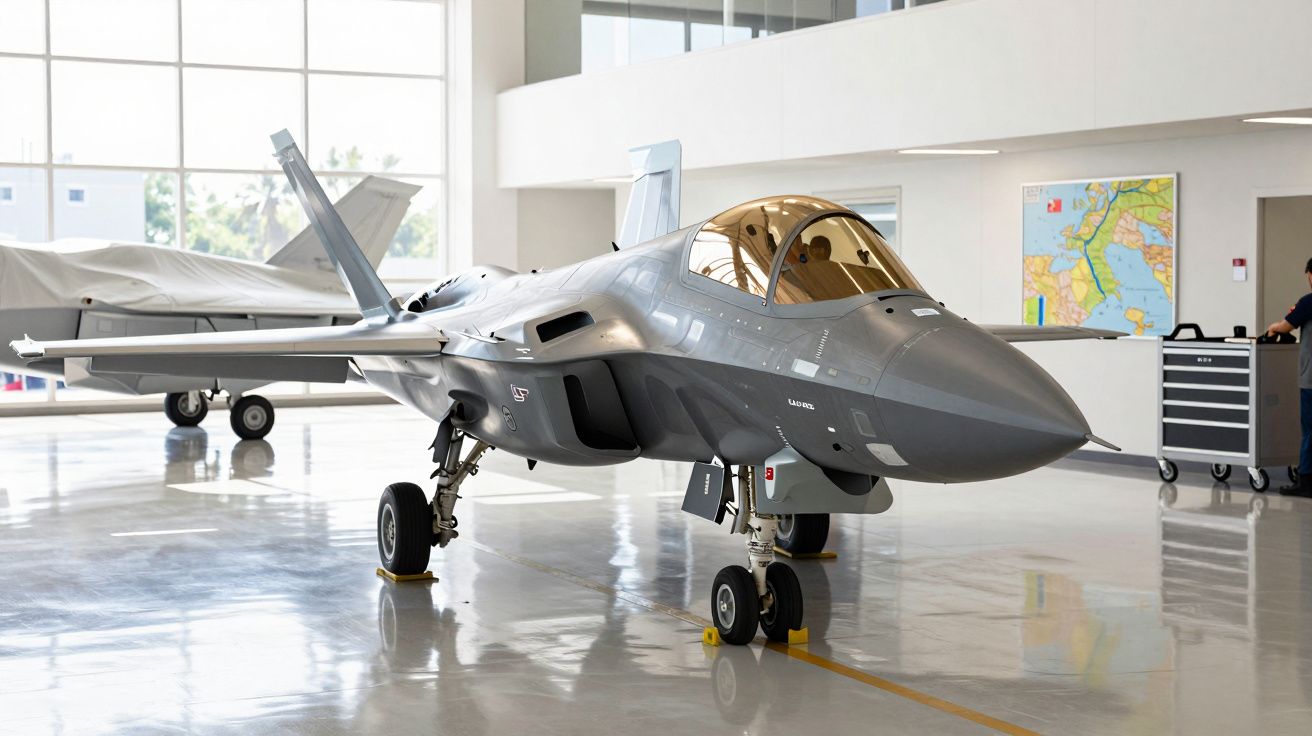 Avião de caça moderno cinza em hangar iluminado, com mapa na parede ao fundo.