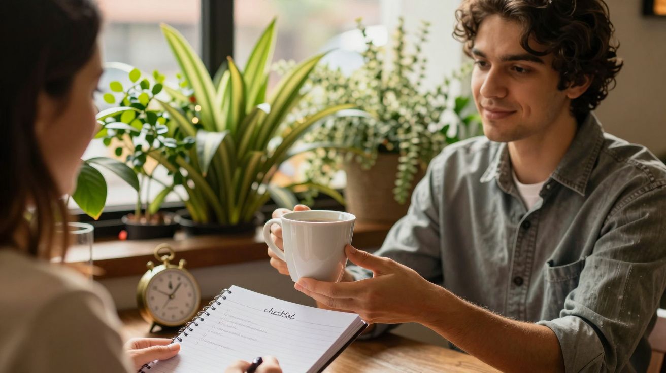 Homem segurando uma chávena, sentado à mesa com uma mulher que escreve num caderno, rodeados por plantas.