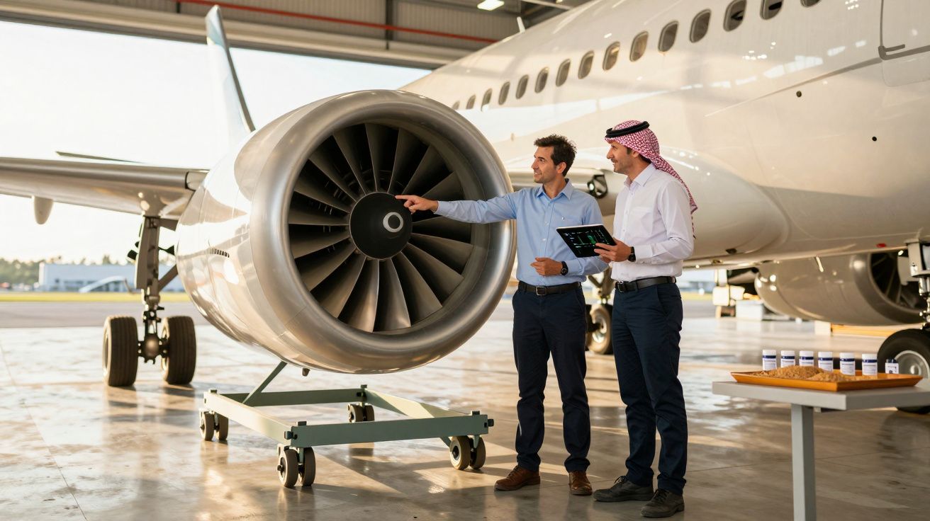 Dois homens inspecionam a turbina de um avião num hangar. Um aponta para a turbina, enquanto o outro segura um tablet.