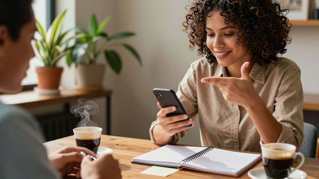 Mulher sorridente com cabelo encaracolado usa smartphone em café, com cadernos e chávenas de café na mesa.