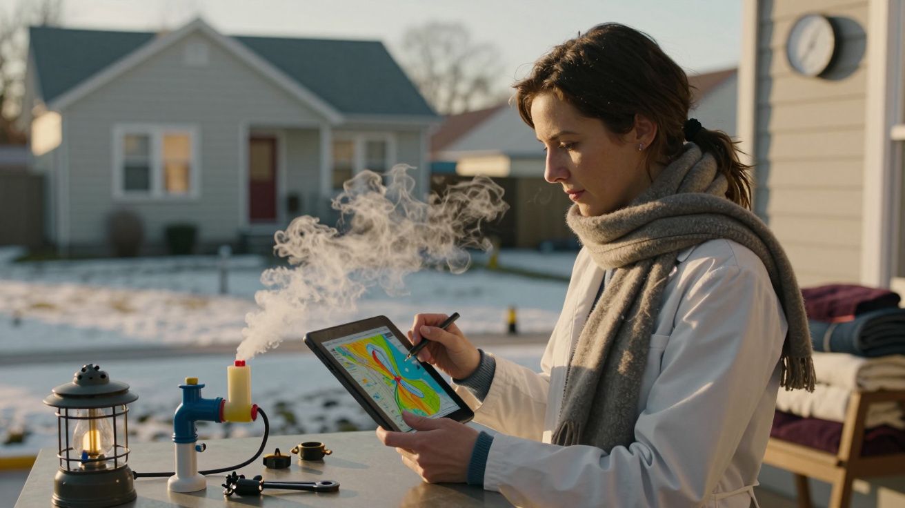 Mulher com lenço e bata branca desenha num tablet ao ar livre com vapor ao fundo, cenário de neve e casas.