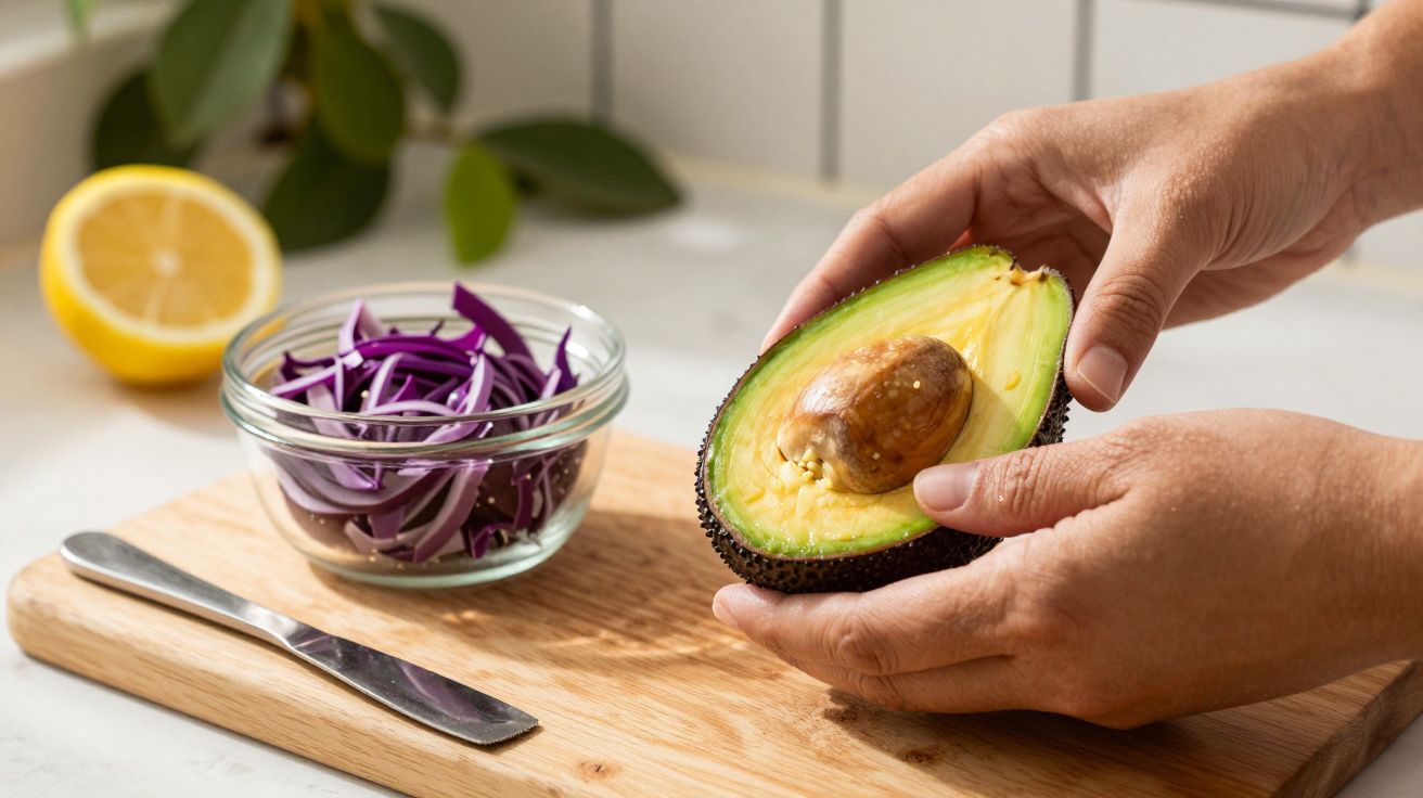 Mãos segurando um abacate cortado ao meio, ao lado de tigela com couve-roxa fatiada, numa tábua de madeira.