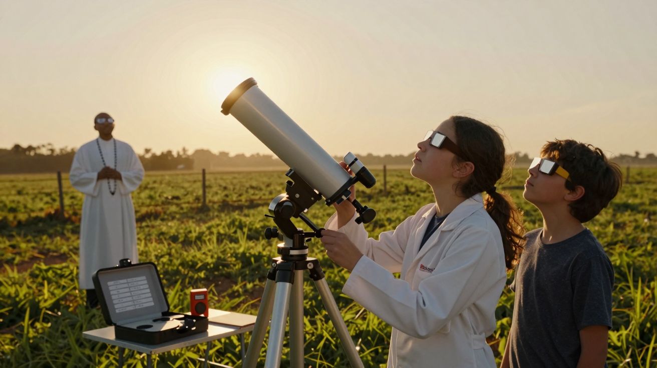 Criança e jovem de bata observam eclipse com telescópio e óculos especiais, sob sol, num campo com espectador ao fundo.