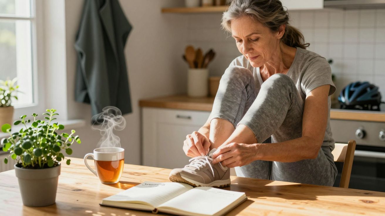 Mulher amarra ténis, sentada à mesa com chá e livro aberto, numa cozinha iluminada pelo sol.