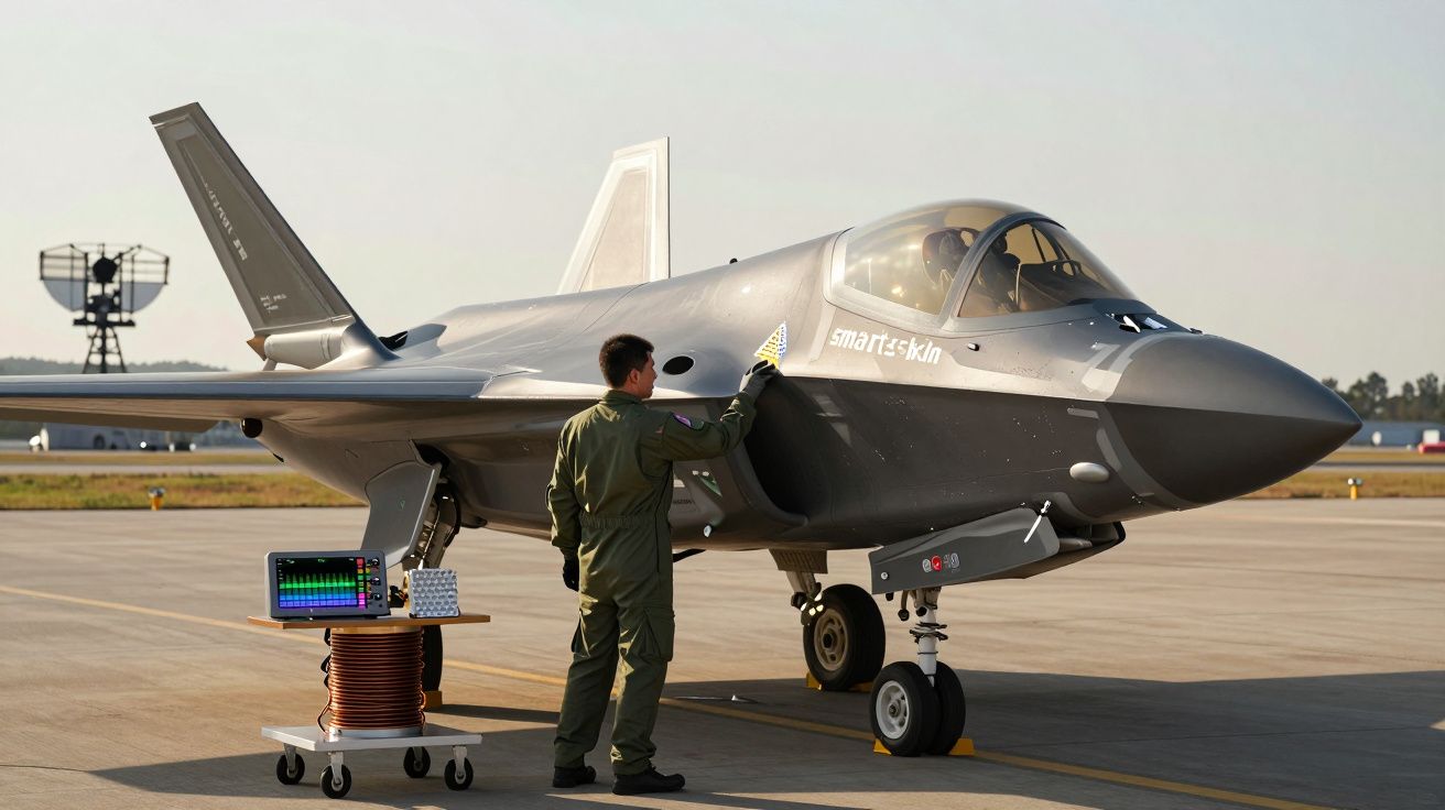 Homem em uniforme inspeciona um caça cinza na pista, com equipamento de medição próximo.