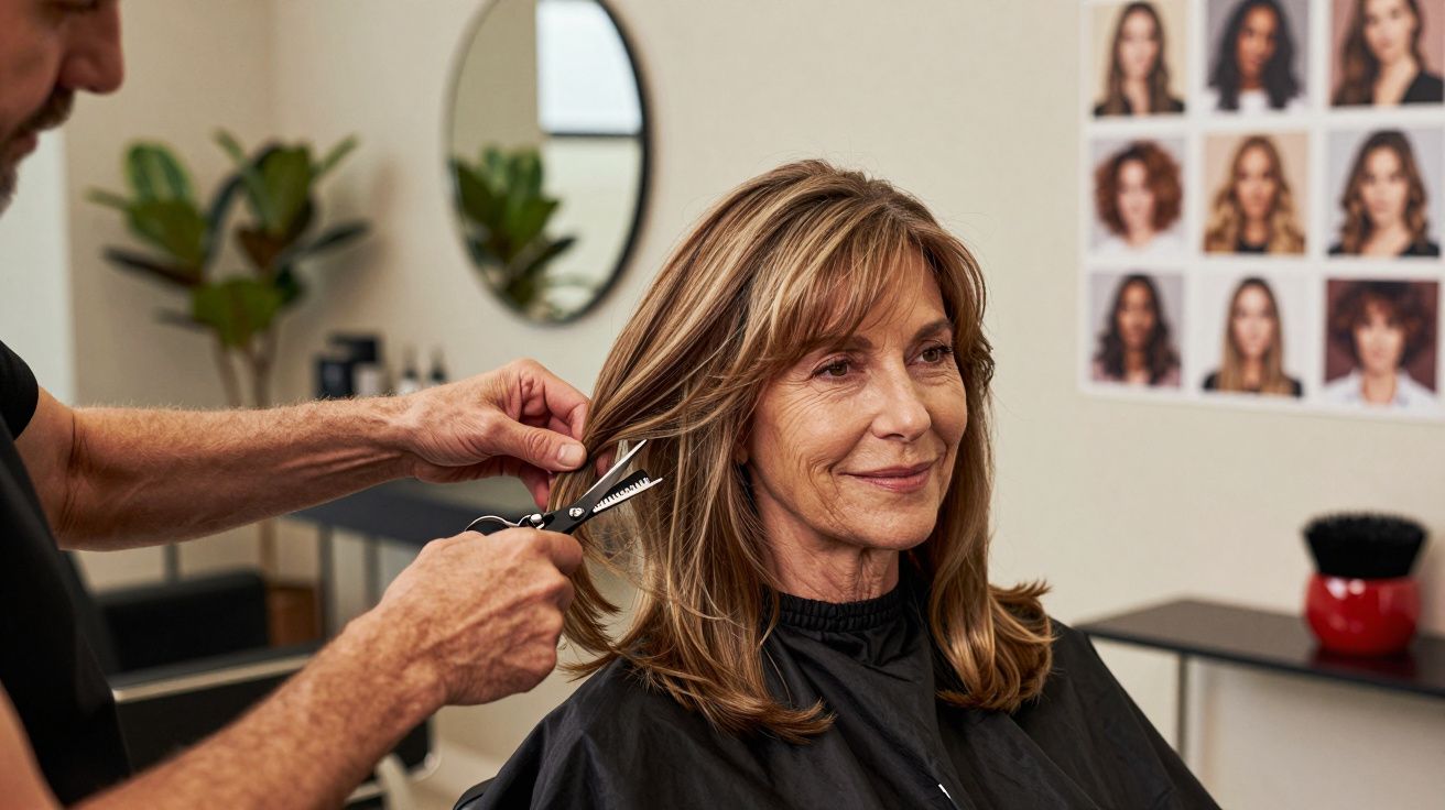 Mulher a sorrir enquanto cabeleireiro corta o cabelo num salão moderno, com espelho e plantas ao fundo.