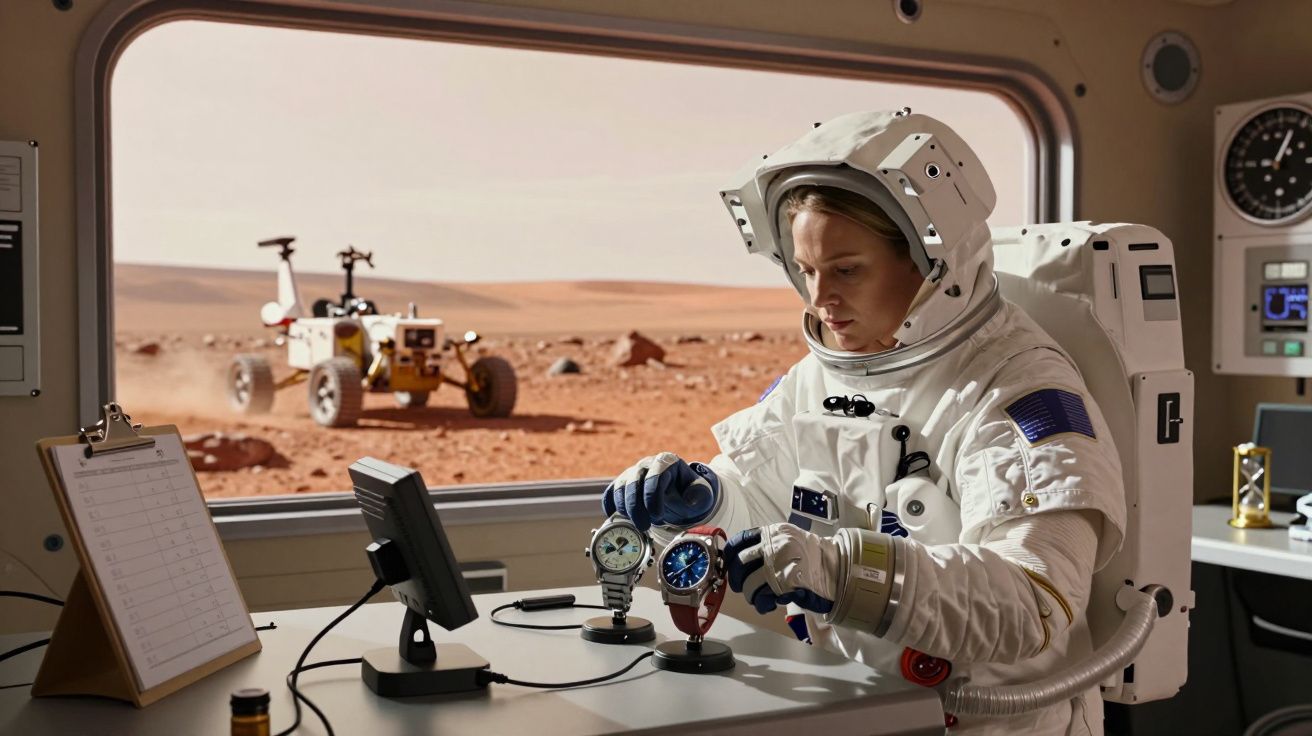 Astronauta numa estação em Marte ajusta relógios enquanto um rover percorre a superfície marciana ao fundo.