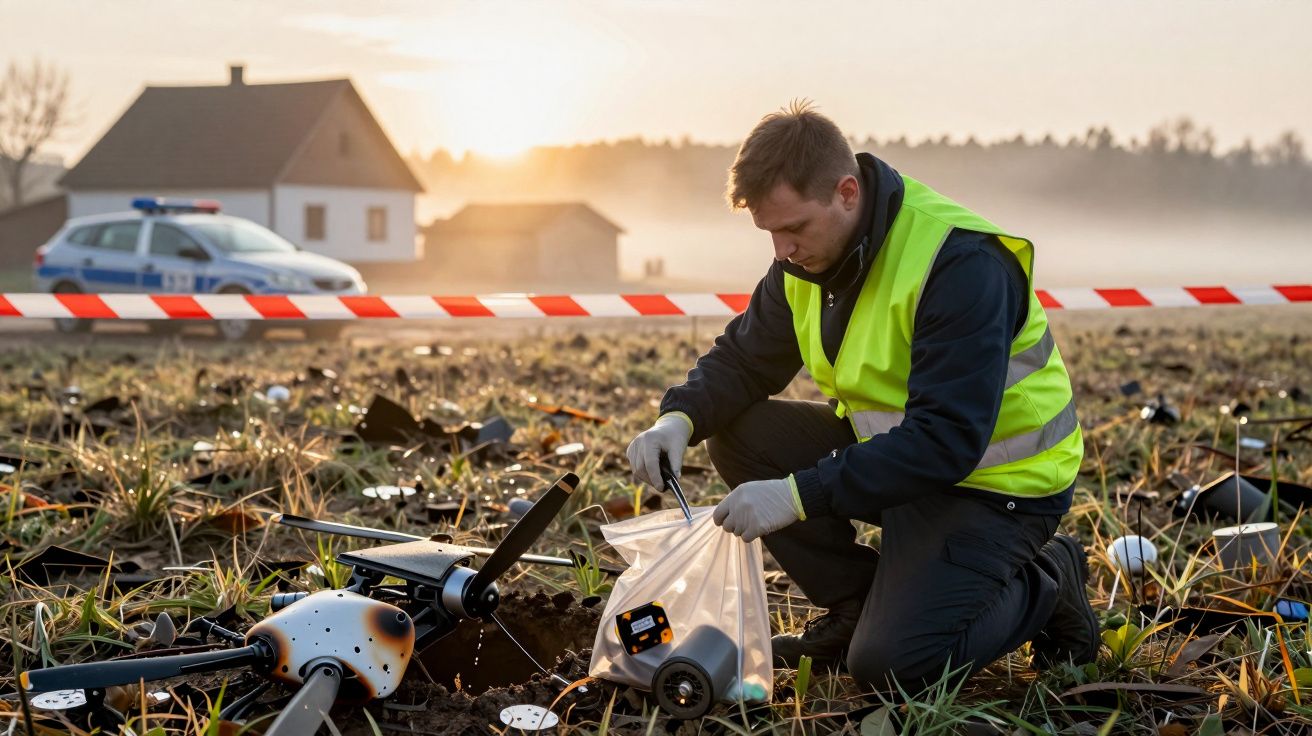 Homem de colete refletor recolhe destroços de drone num campo, com fita de segurança e viatura ao fundo.