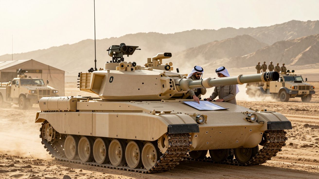 Tanque militar em deserto com dois homens a analisar mapas, veículos e colinas ao fundo.