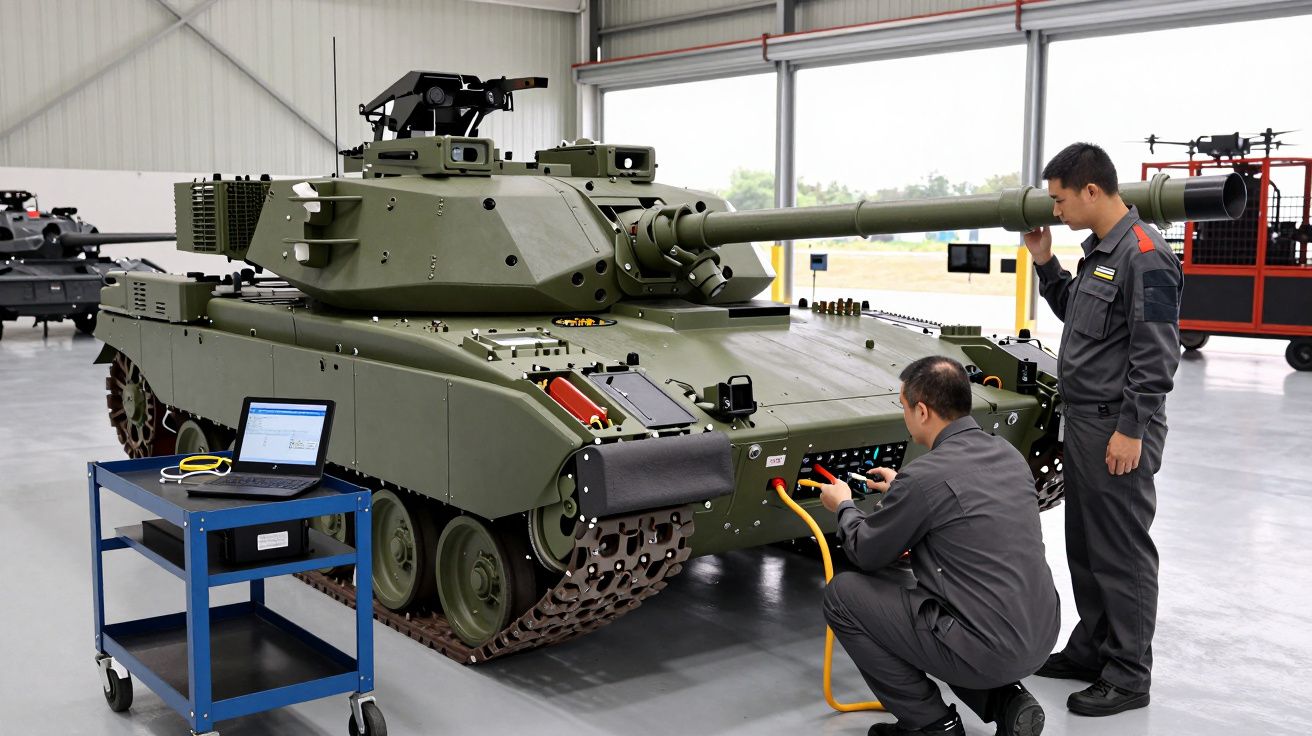 Dois técnicos inspecionam um tanque militar verde num hangar, com um portátil numa mesa ao lado.