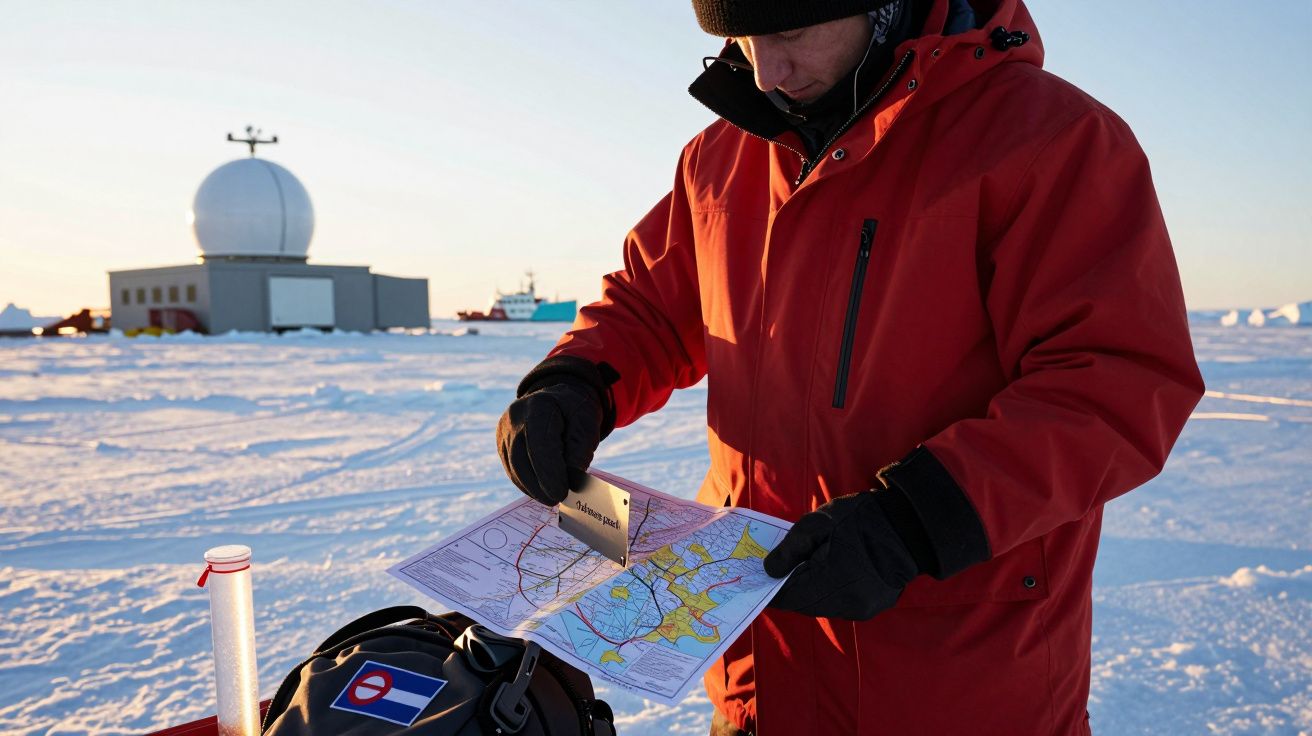 Pessoa de casaco vermelho consulta mapa numa estação polar nevada, com domo ao fundo.