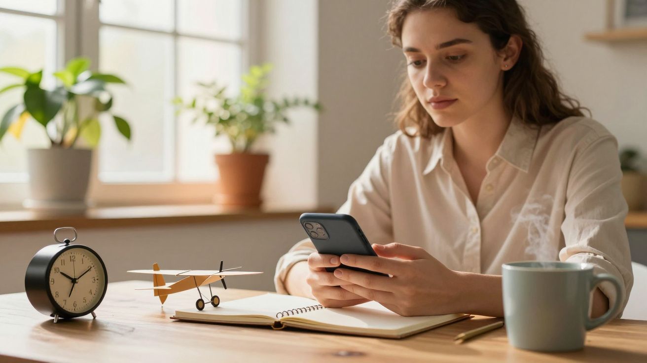 Mulher sentada à mesa a olhar para o telemóvel, com caderno, despertador e chávena, à luz natural de uma janela.