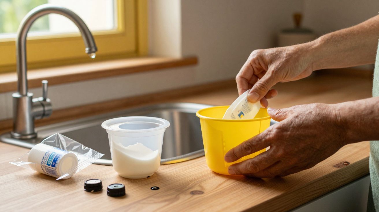 Mãos de pessoa misturam ingredientes em tigela amarela numa cozinha com lavatório e janela ao fundo.