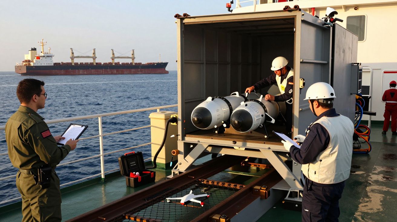 Homens verificam equipamento militar num navio, com um cargueiro ao fundo no mar.