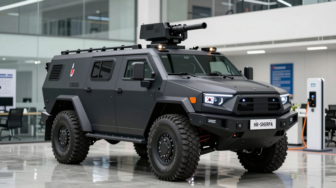 Veículo militar blindado preto em exibição dentro de um edifício moderno com piso de mármore.