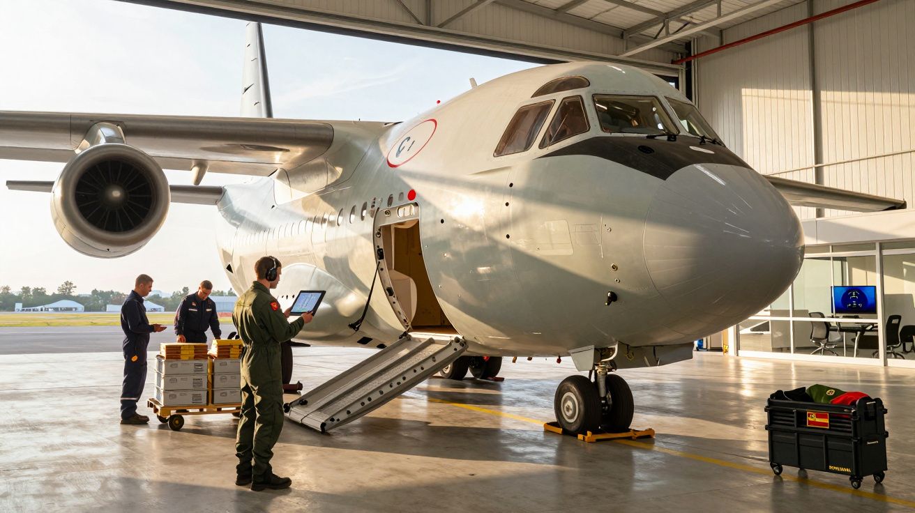 Avião de carga num hangar com pessoal militar a descarregar caixas e um técnico a usar um tablet.
