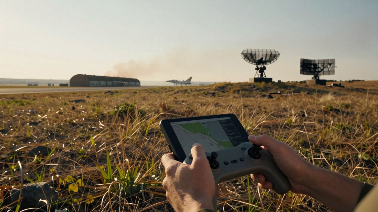 Mãos segurando controlo remoto com ecrã, visão de pista com radar, hangares e avião ao fundo.