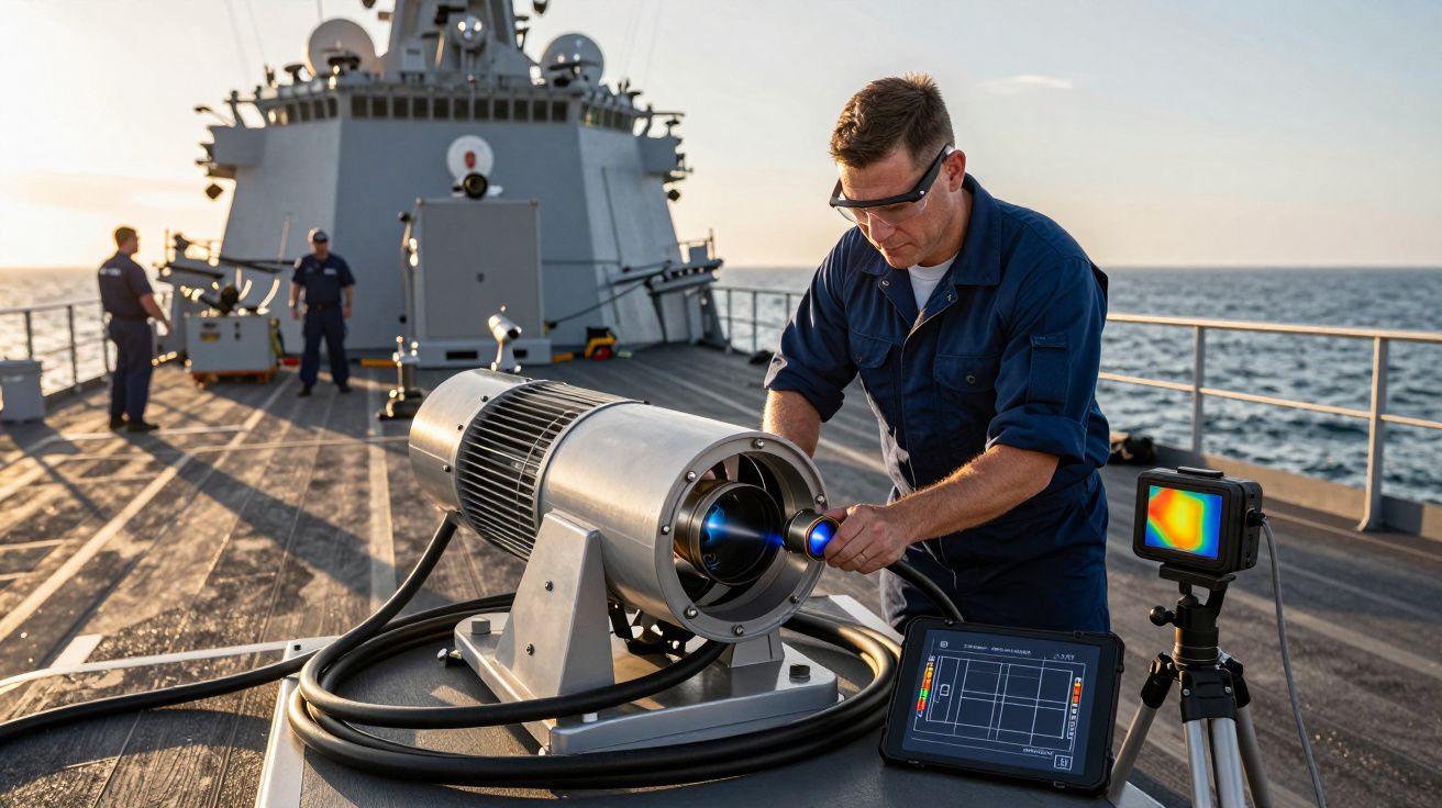 Homem trabalha com equipamento tecnológico num navio, ao pôr do sol. Outras pessoas visíveis no fundo.