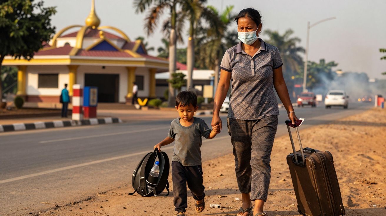 Mulher de máscara e criança caminham à beira de uma estrada, carregando malas. Ao fundo, um edifício e carros.