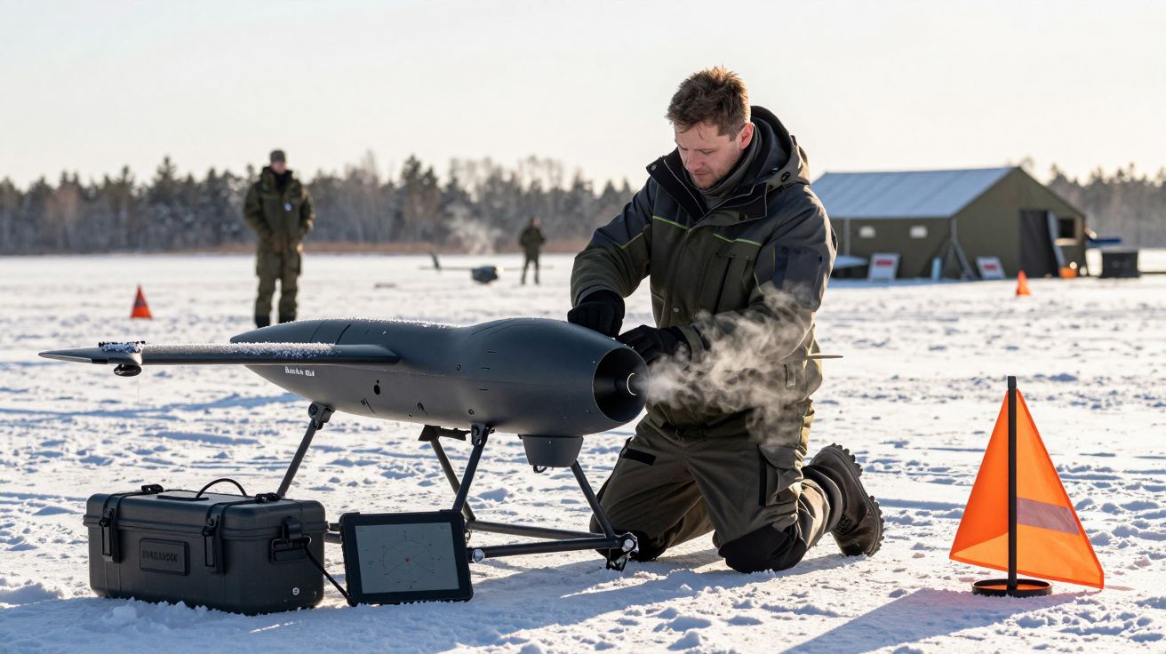 Homem ajoelhado na neve prepara um drone, com tendas e árvores ao fundo, rodeado por cones de sinalização laranja.