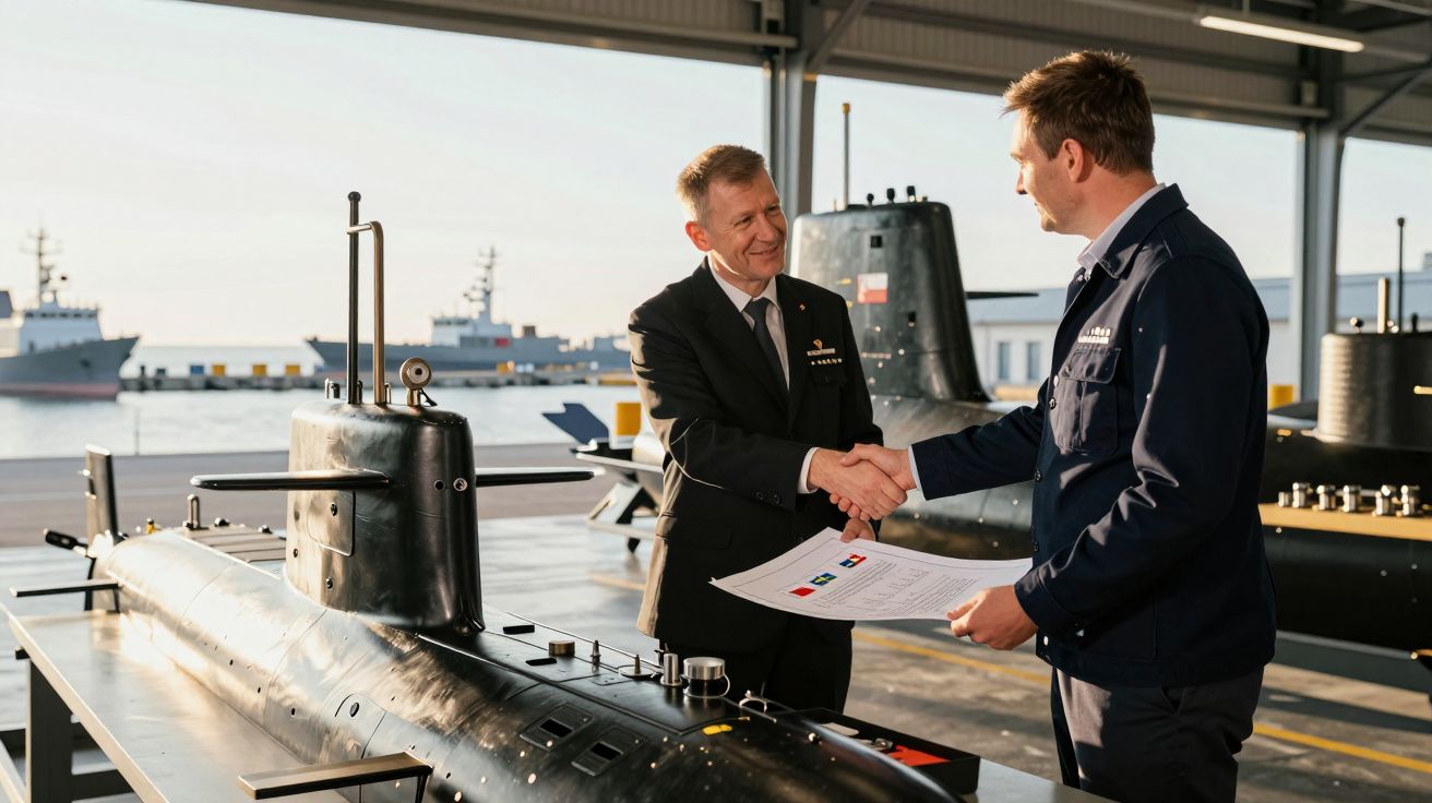 Dois homens cumprimentam-se junto a submarinos em miniatura num estaleiro naval.