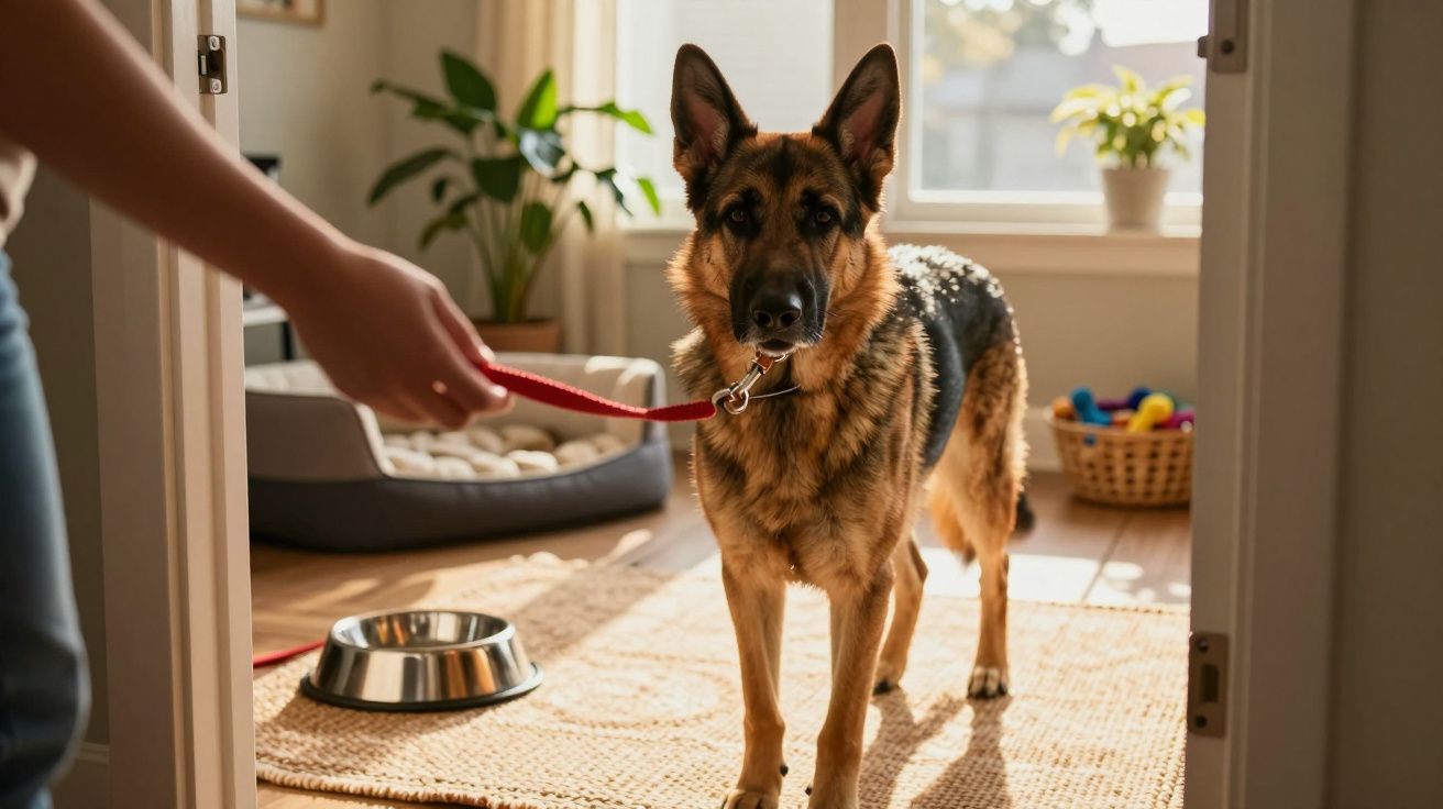 Cão pastor alemão em pé numa sala iluminada, com trela vermelha, junto a tigela e cama.