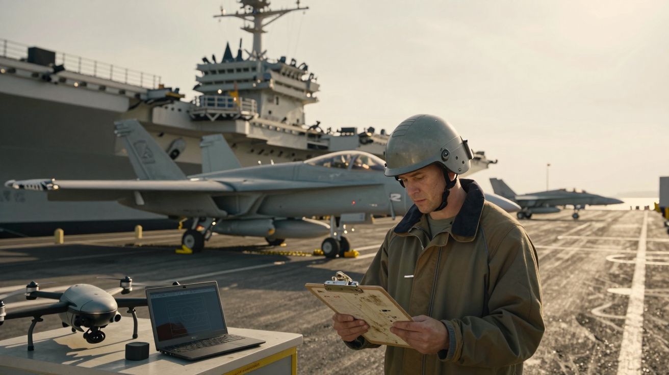 Pessoa com capacete lê prancheta em porta-aviões, ao lado de laptop e drone, com jato ao fundo.