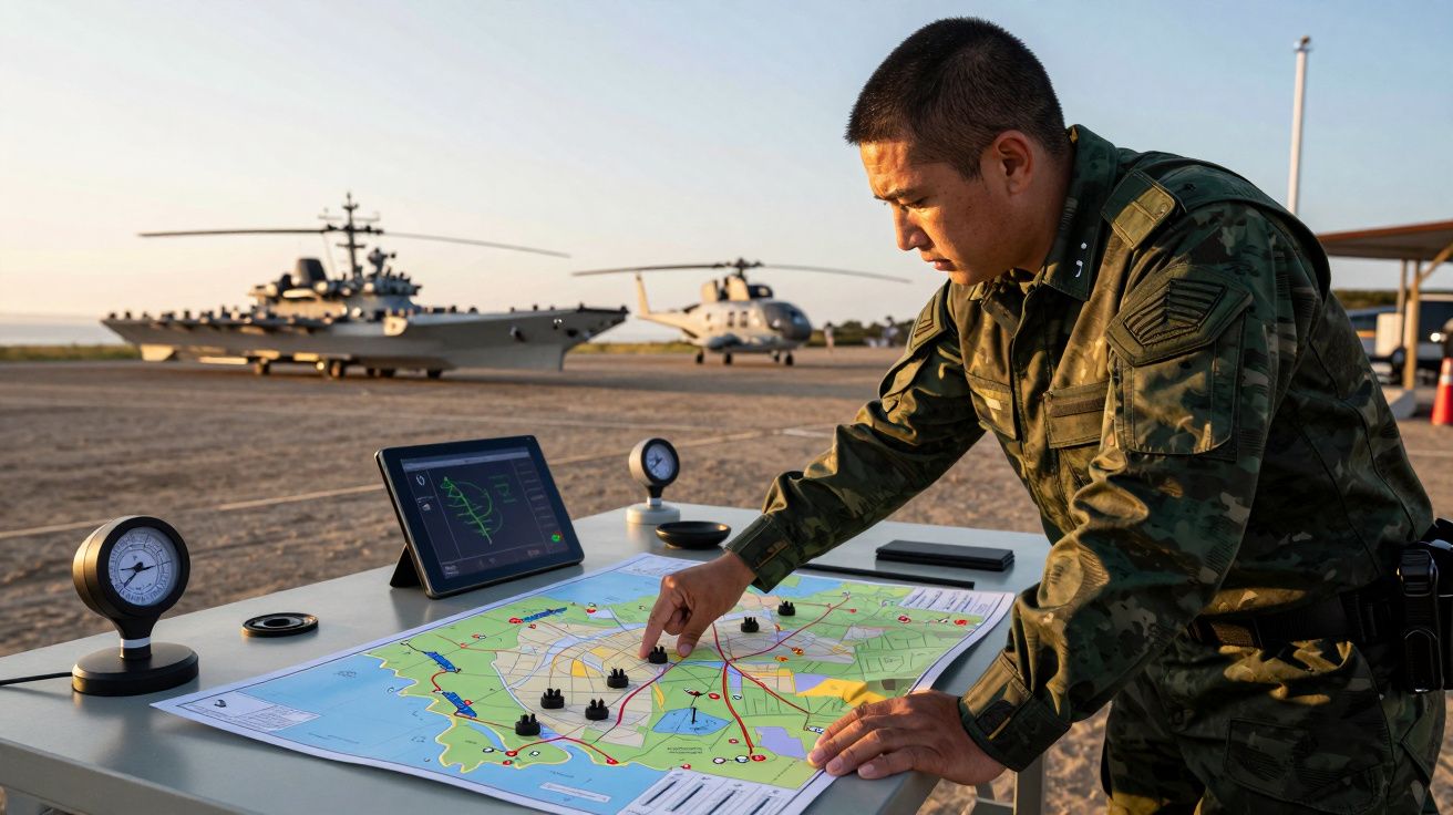 Militar analisa mapa em mesa com helicópteros e porta-aviões ao fundo, em cenário de operações ao ar livre.