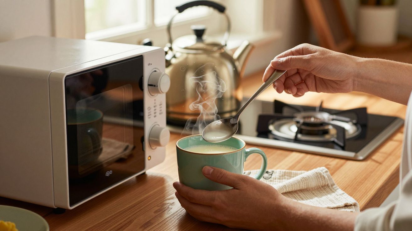 Mão segurando caneca de chá quente junto a micro-ondas e fogão em cozinha iluminada.