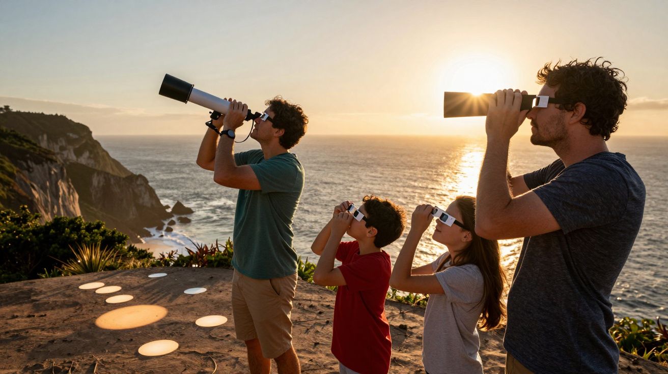 Quatro pessoas observam o céu com telescópios e binóculos à beira-mar ao pôr do sol.