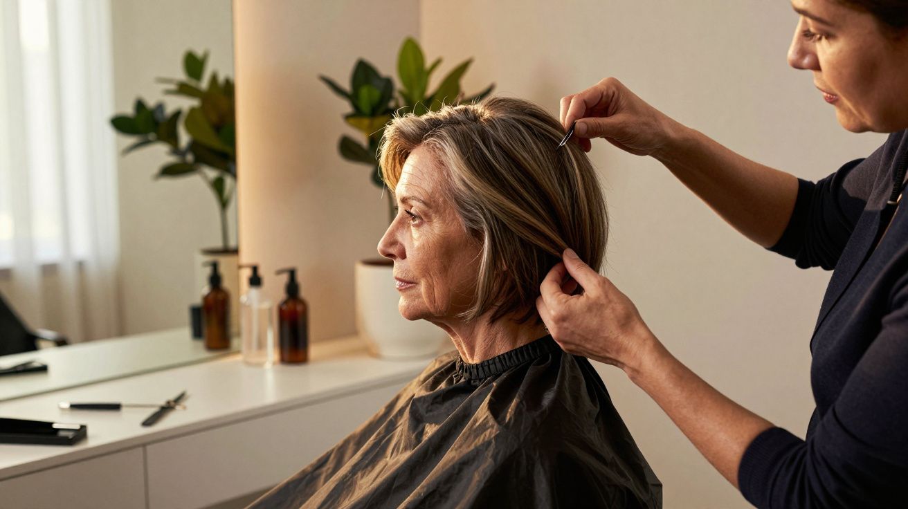 Mulher de cabelo grisalho sentado num salão, enquanto cabeleireiro ajusta o cabelo com um pente.